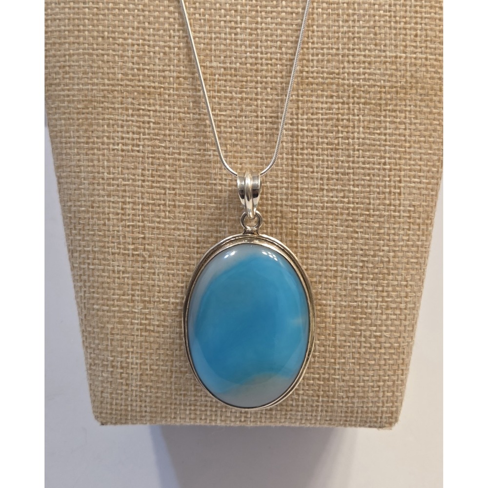 Large Larimar CabochonSterling Silver Pendant Sterling Snake Braid 18" Chain - Picture 2 of 7